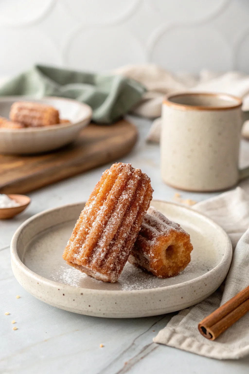 Delight in the simple pleasures of a perfectly crafted mini churro, ready for a dip into velvety chocolate.