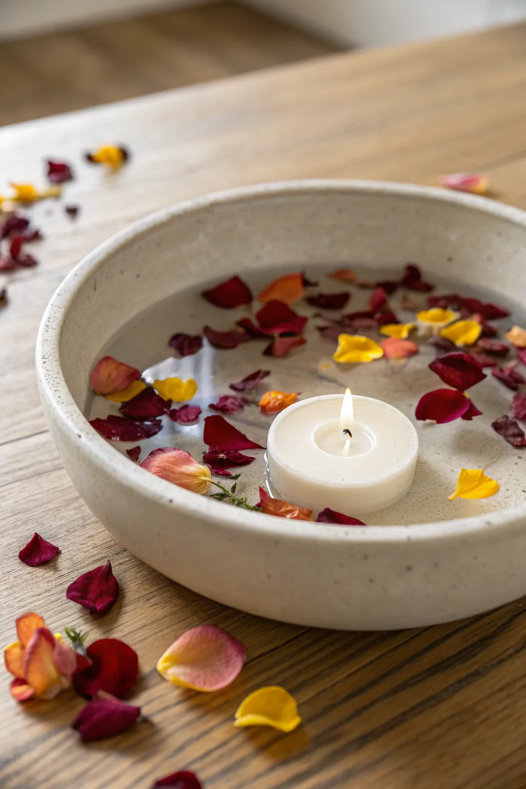 Illuminate your Diwali with serene elegance: a floating candle bowl centerpiece.