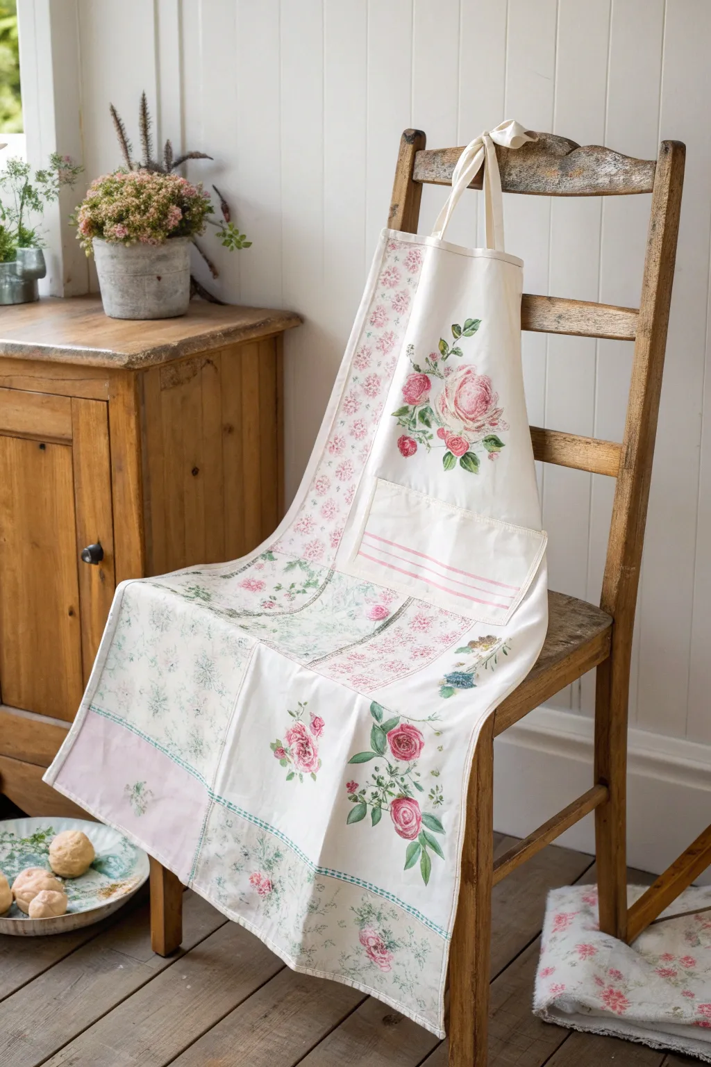 Transform vintage tea towels into a charming apron that adds a touch of retro elegance to your kitchen.