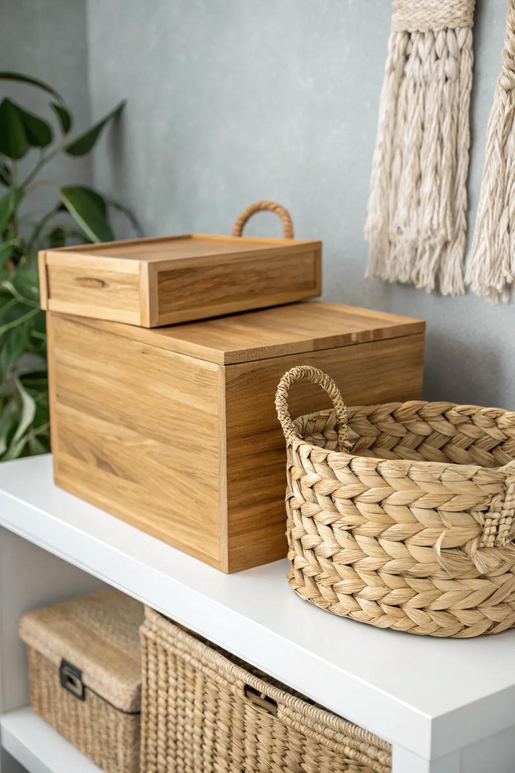 Transform your art studio with the rustic elegance of wooden boxes and woven baskets. Perfect for stylishly storing your art supplies!