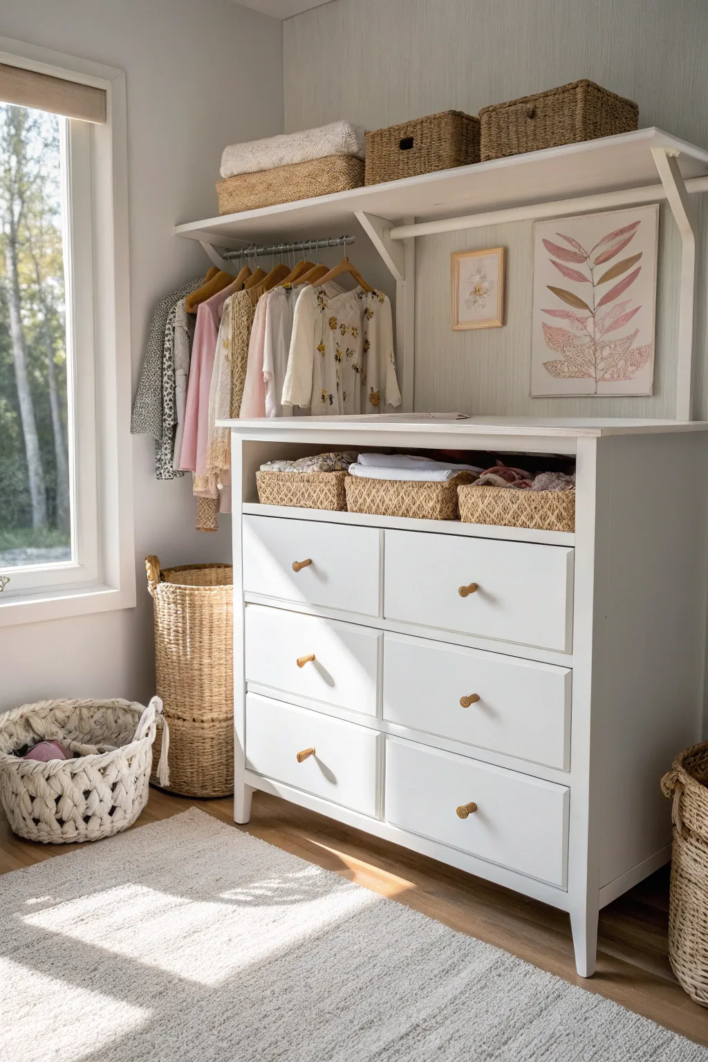 Transform your baby's closet with a touch of Scandinavian elegance and Boho charm using a built-in dresser.