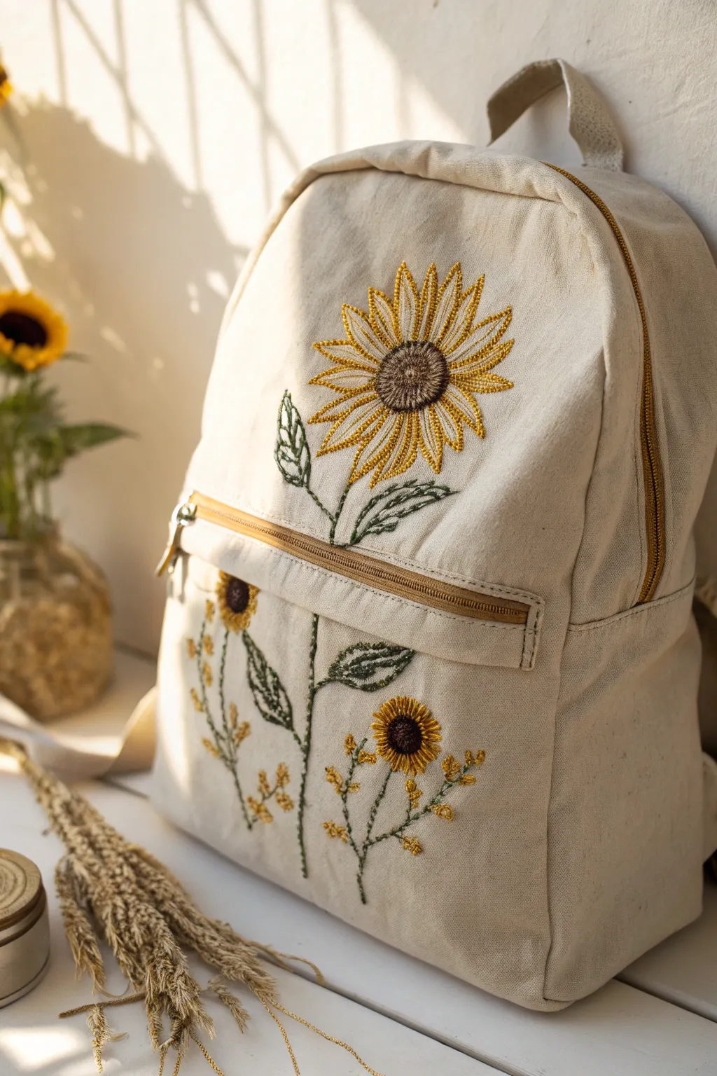 Add a touch of sunshine to your backpack with handcrafted embroidery.