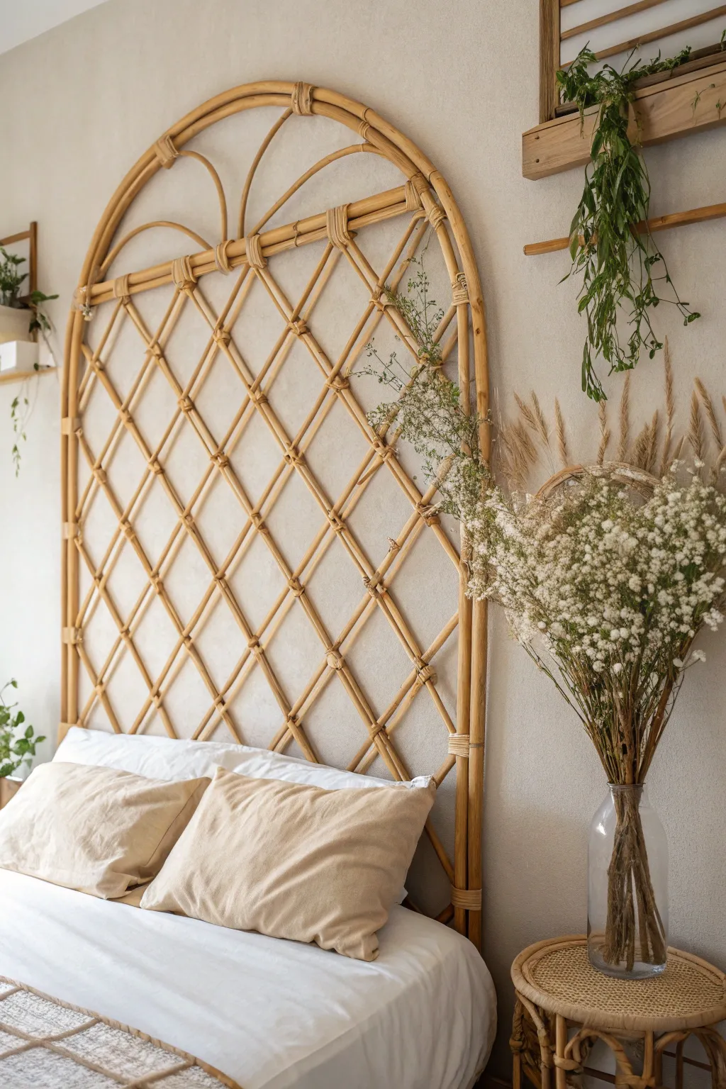 Transform your space with a touch of nature: a stunning floral bamboo lattice for a serene and stylish bedroom upgrade.