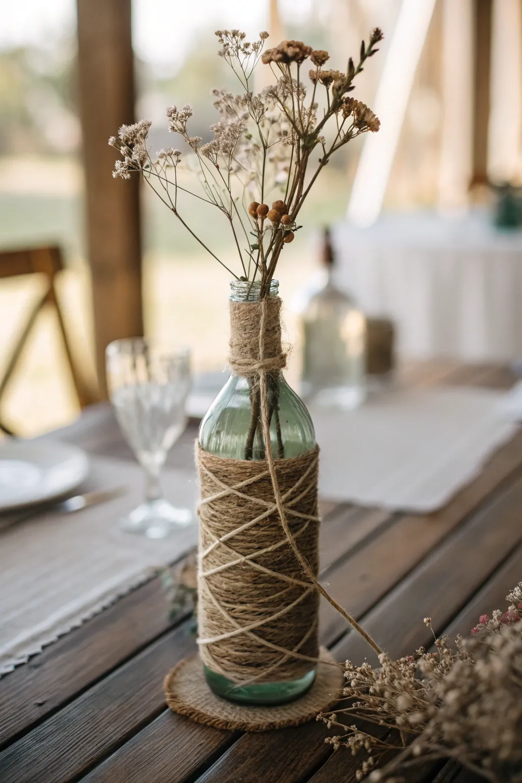Elevate your table decor with a touch of boho chic—twine-wrapped bottles that blend simplicity with natural beauty.
