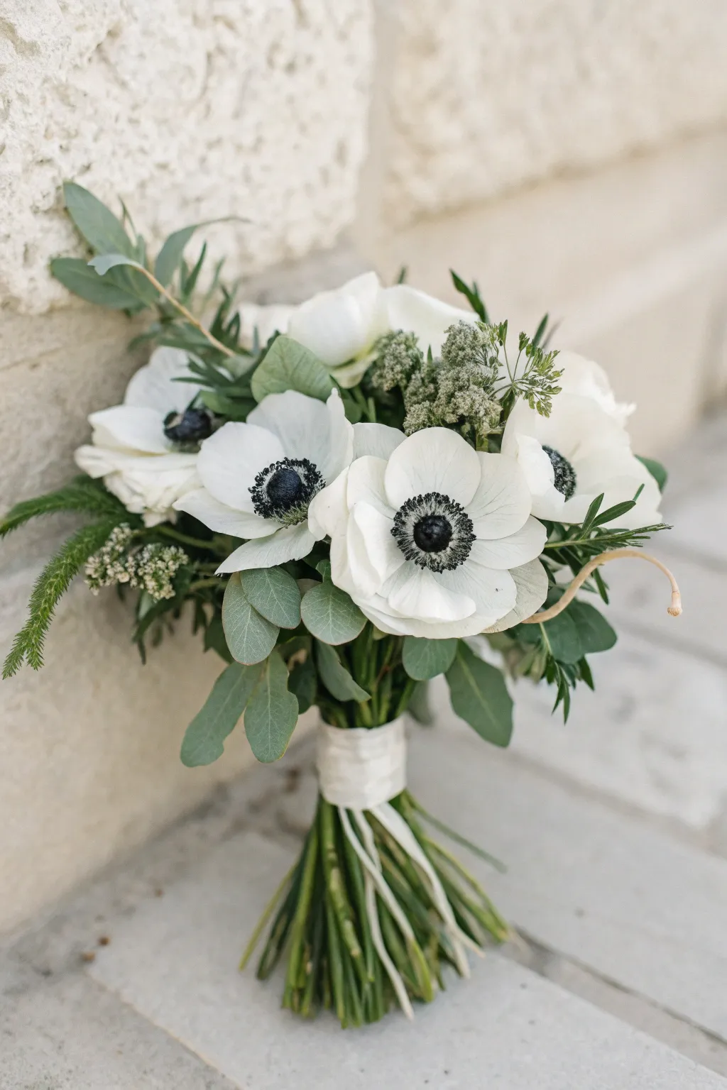 Embrace minimalist chic with a simple yet stunning bridal bouquet of anemones.