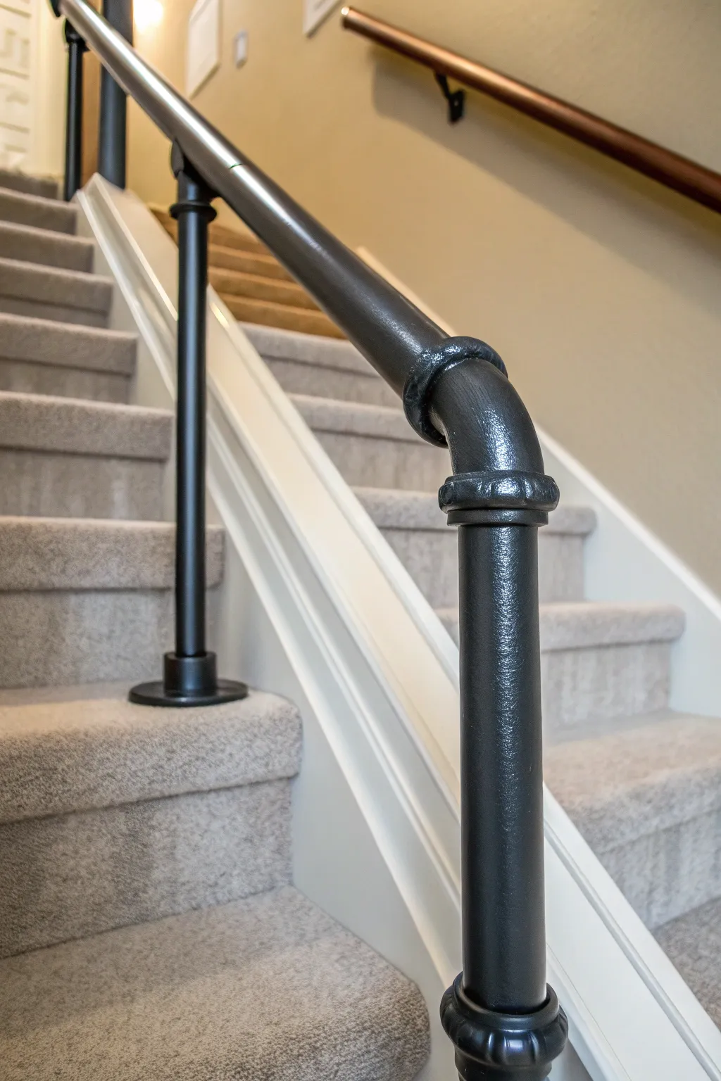 Transform your stairs with stylish painted PVC pipe railings - a modern twist on affordable craftsmanship.