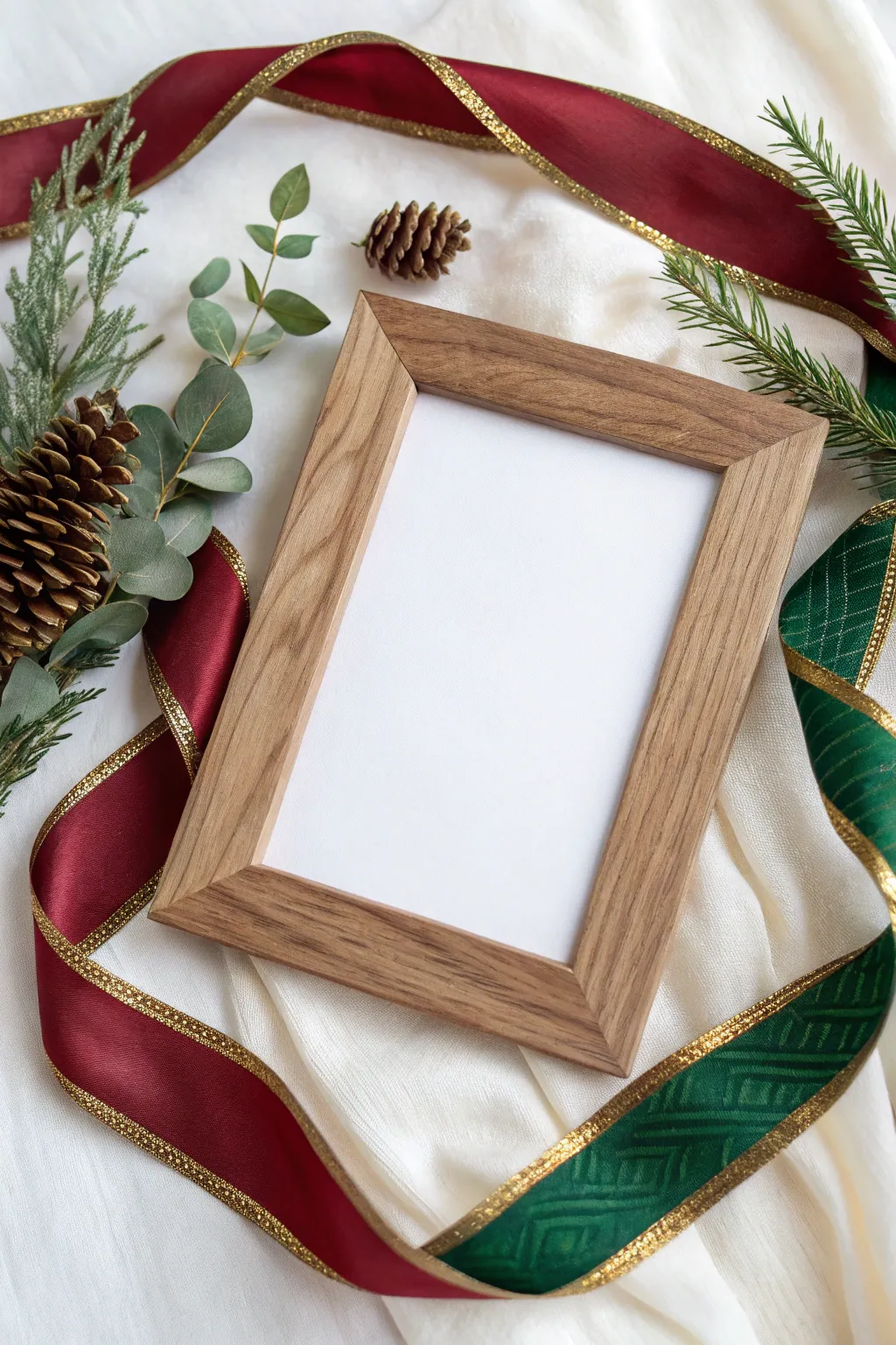 Elevate your holiday decor with a ribbon-wrapped frame that embodies minimalist elegance and festive charm.