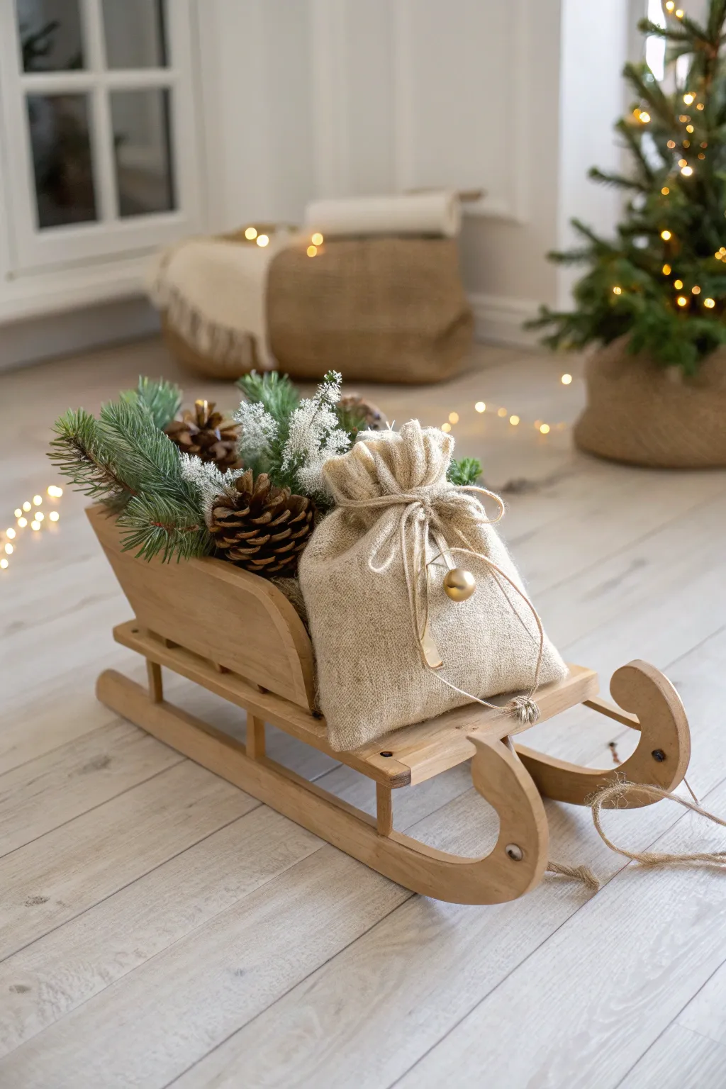 Add a touch of cozy rustic charm to your home with this burlap and twine-wrapped Christmas sleigh. Perfect for a Scandi-Boho festive feel!