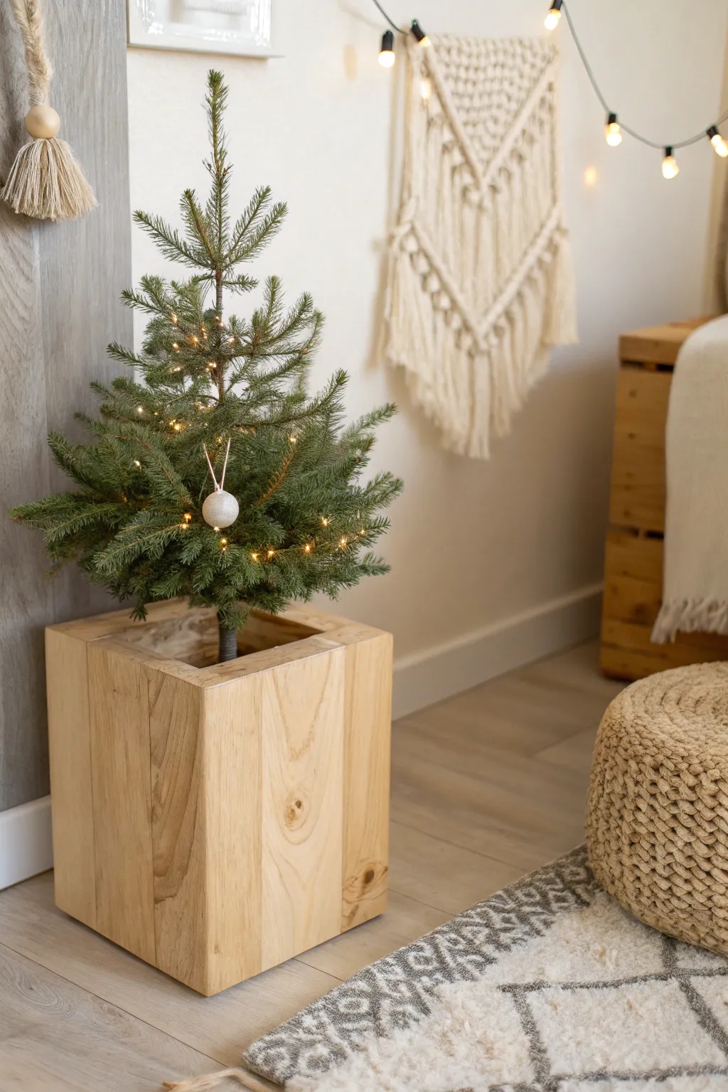 Embrace simplicity and charm with a handcrafted wooden base for your mini tree, perfect for cozy spaces.