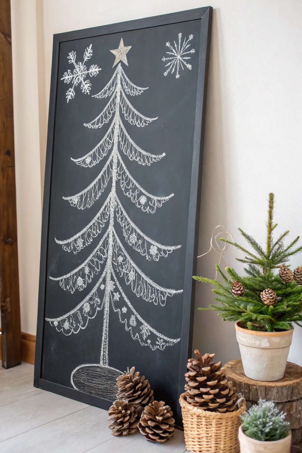 Embrace the simplicity of the season with a charming chalkboard Christmas tree adorned with natural elements. #ScandiBoho #DIYChristmas