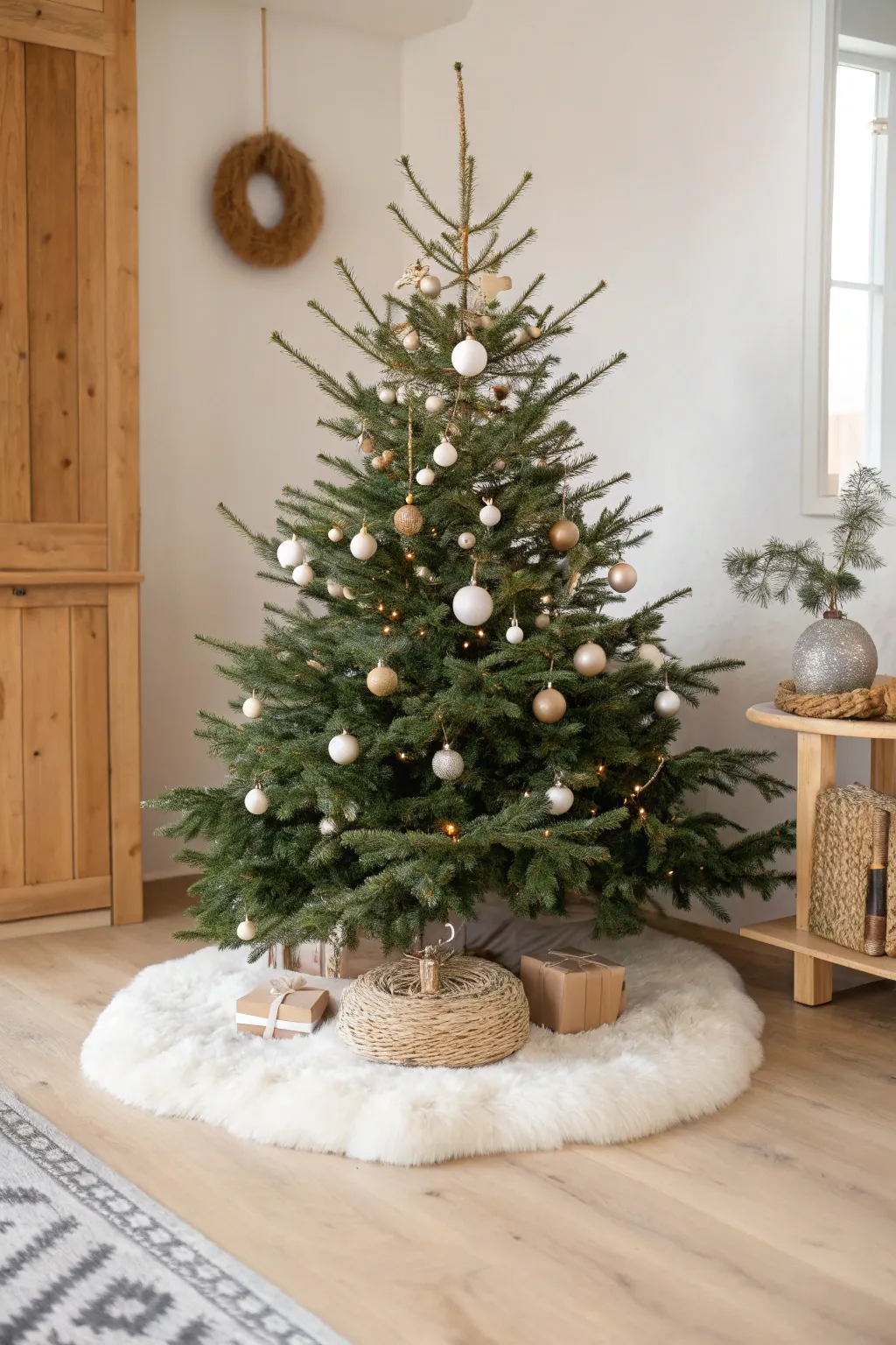 Transform your Christmas tree into a snowy masterpiece with this cozy faux fur skirt. Embrace simplicity and elegance with a Scandinavian flair.