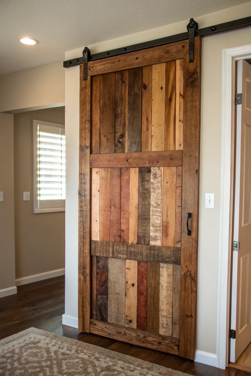 Transform your space with a rustic charm: a closet door crafted from recycled pallet wood that tells its own story.