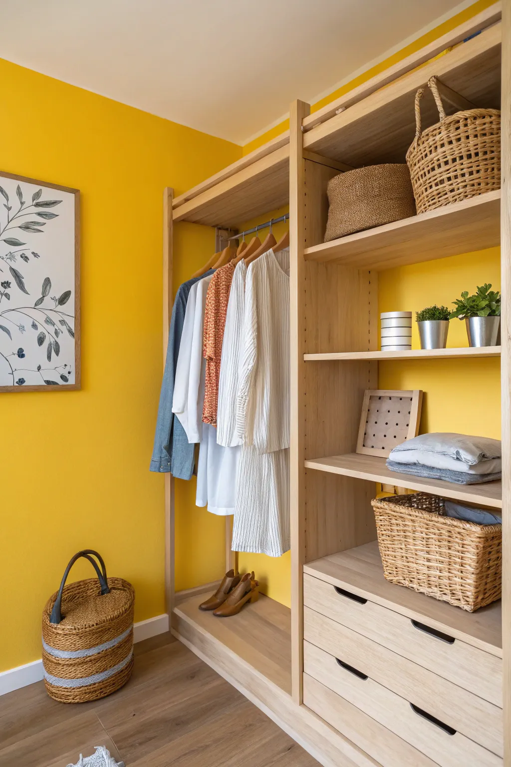Brighten your space with a splash of sunny yellow—an effortless way to transform your closet with a touch of minimalist charm.