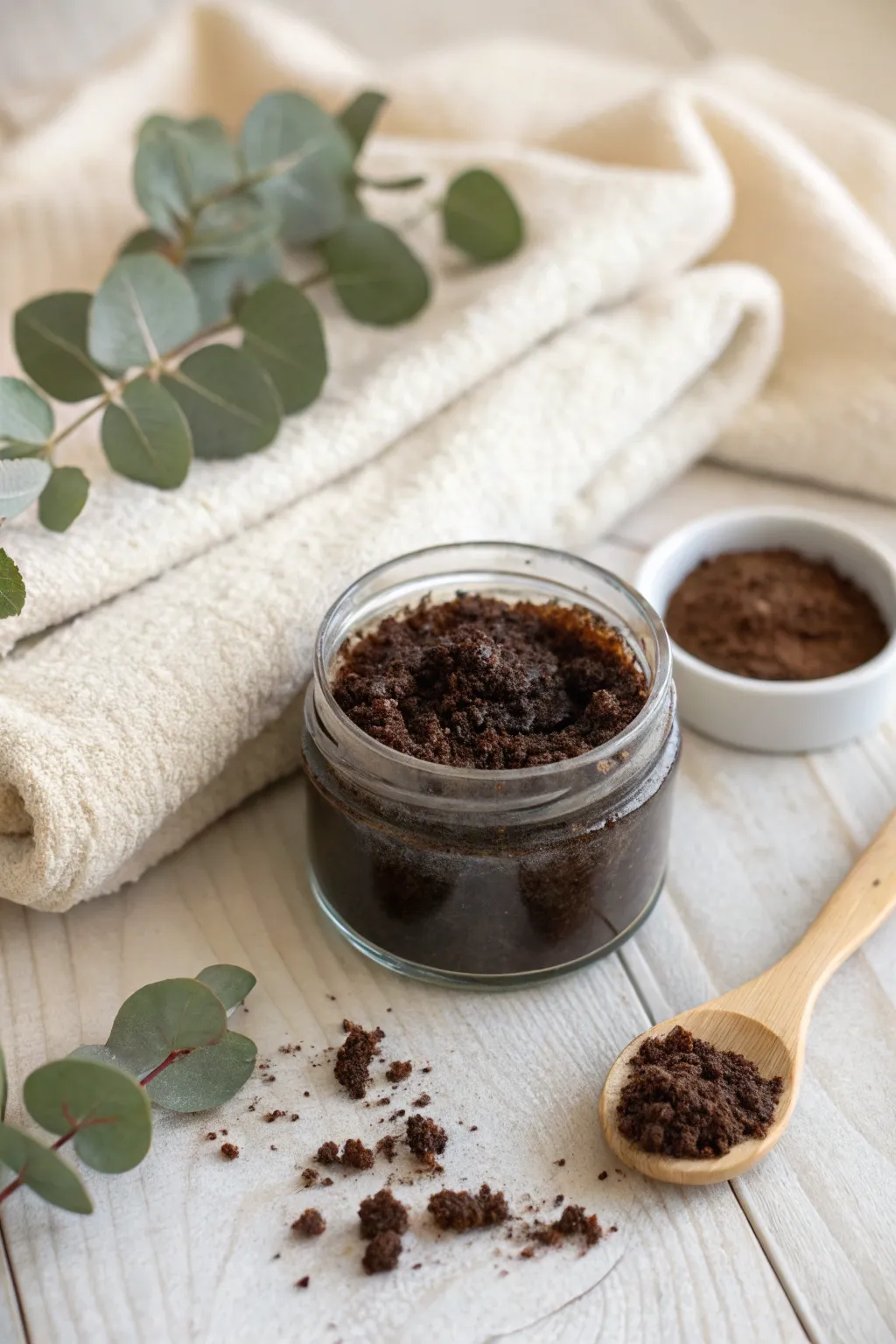 Transform your bathroom into a spa sanctuary with this DIY coffee scrub in a charming minimalist jar.