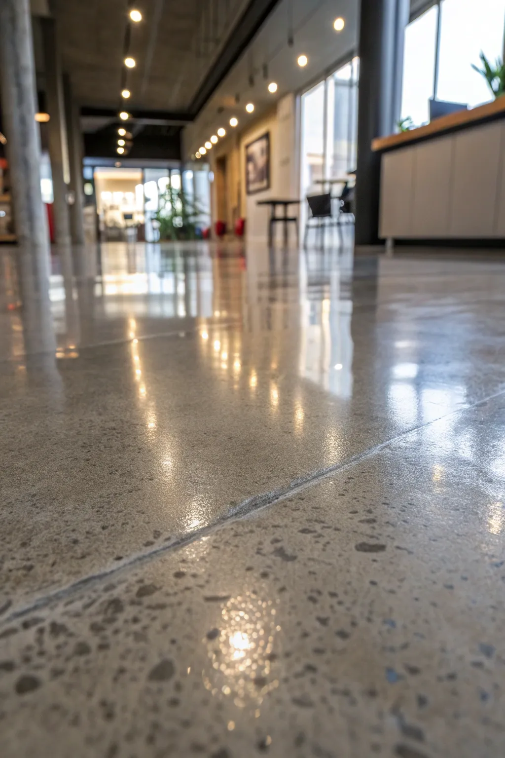 Transform your space with a sleek, glossy concrete floor that combines style with durability.