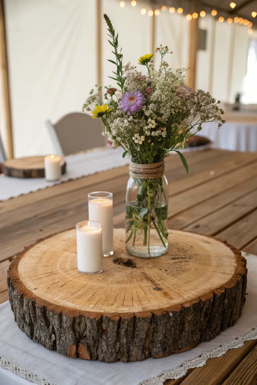 Elevate your country wedding with these stunning log slice centerpieces, a perfect blend of rustic charm and minimalist elegance.