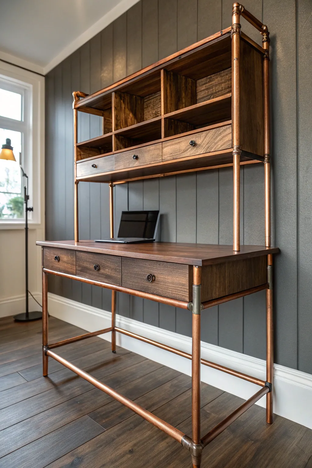 Elevate your workspace with a striking copper pipe hutch – where industrial meets artisan craftsmanship.