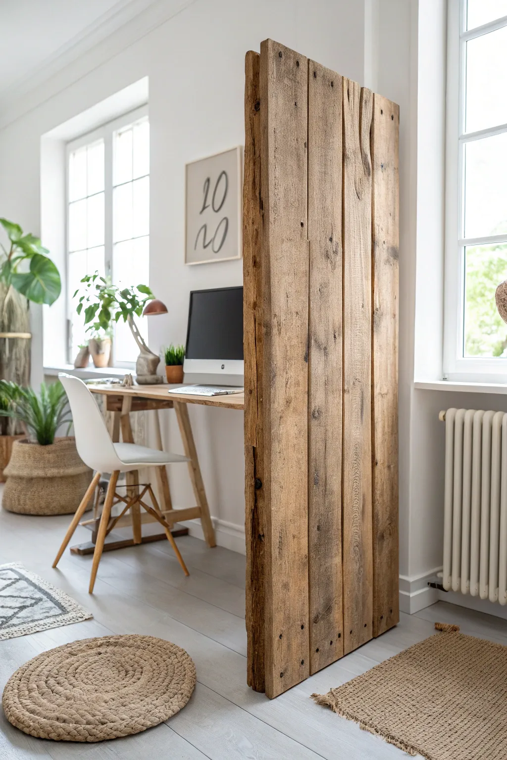 Transform your workspace with a rustic wooden plank divider that adds charm and warmth to modern minimalism.