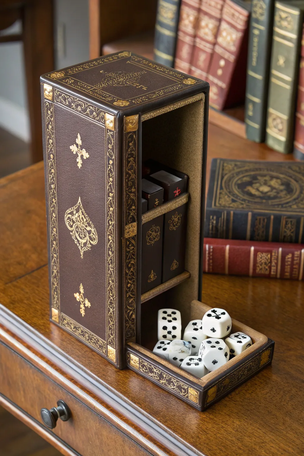 Unveil the mystery of gaming with this book-shaped dice tower—a masterpiece of craftsmanship.