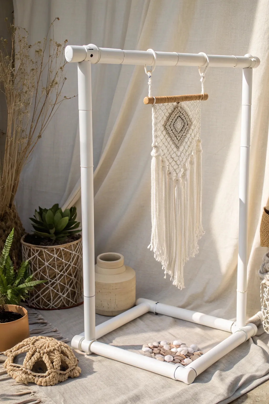 Elevate your display game with this chic and budget-friendly PVC pipe stand, perfect for showcasing your crafts with minimalist elegance.