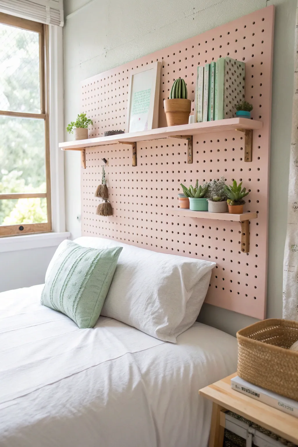 Transform your dorm with a chic pegboard headboard—where practicality meets minimalist elegance!