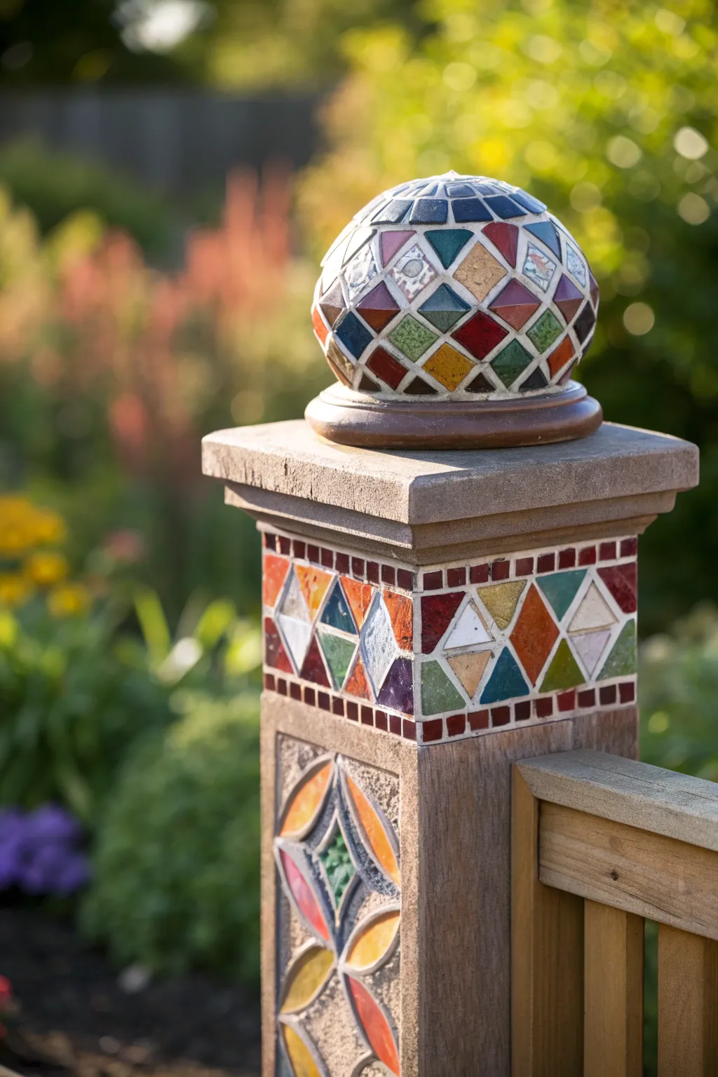 Elevate your fence with a touch of artistic flair: handcrafted mosaic post caps.