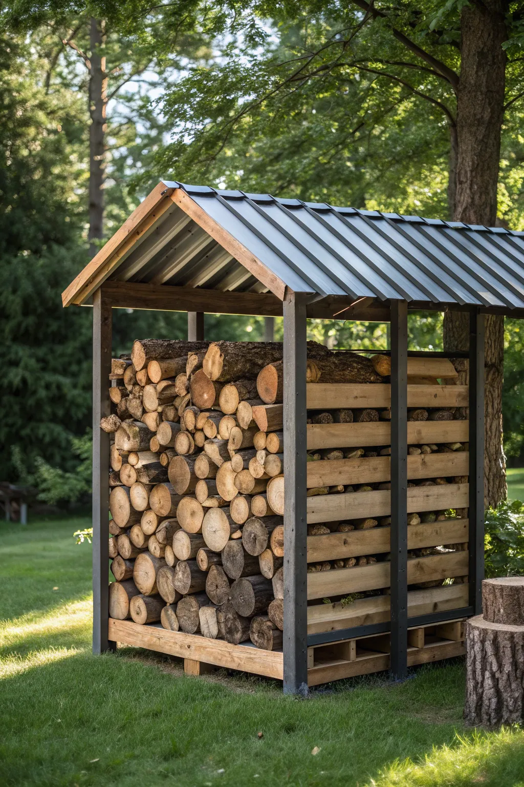 Keep your firewood dry and stylish with a custom-crafted rack featuring a durable corrugated roof.