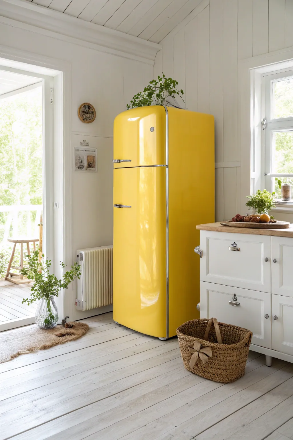 Transform your kitchen with a bold color splash! This sunny yellow fridge brings a touch of joy and Scandinavian charm to your space.