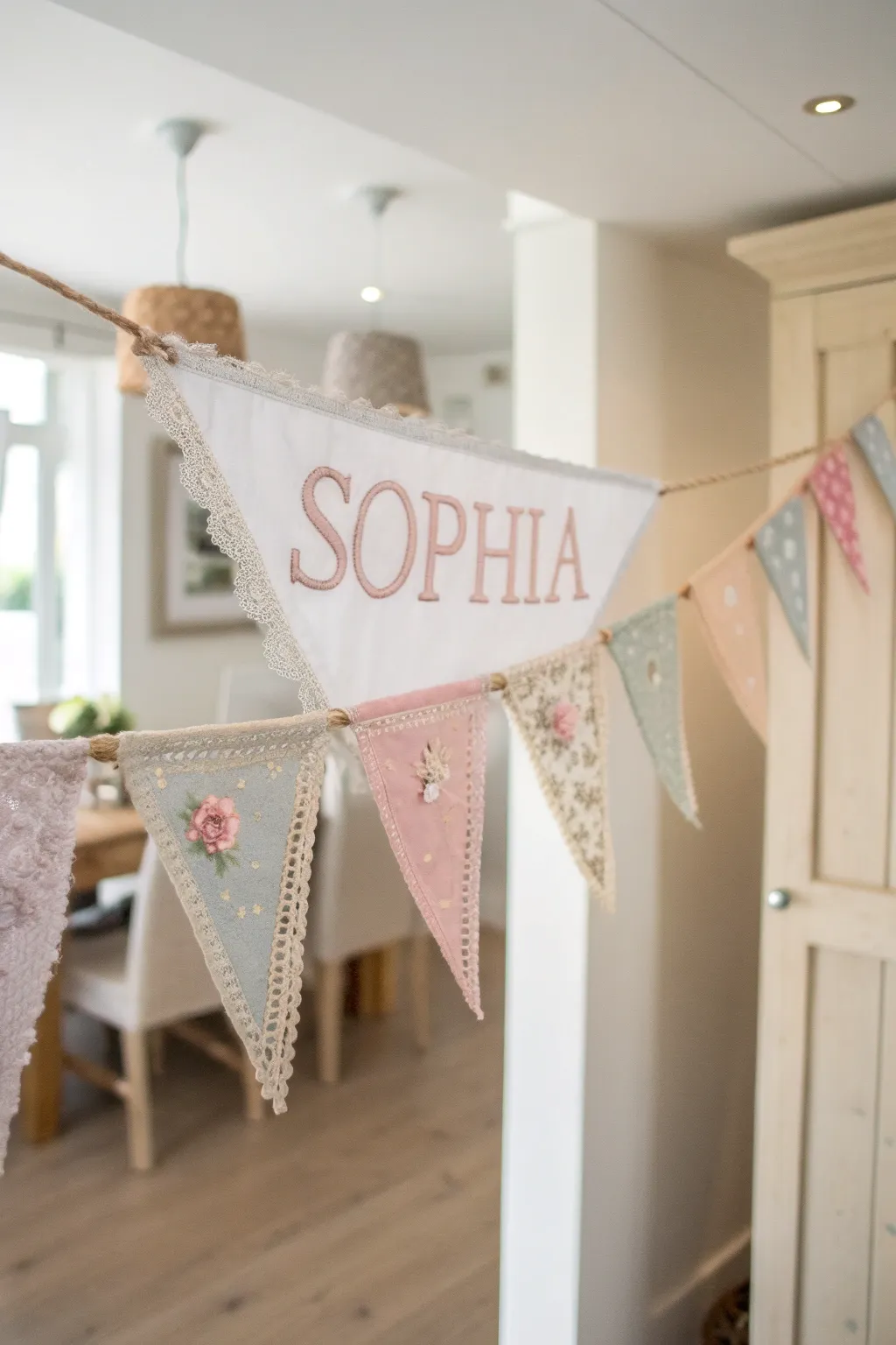 Add a personal touch to her room with a charming DIY name banner, blending simplicity and natural beauty.