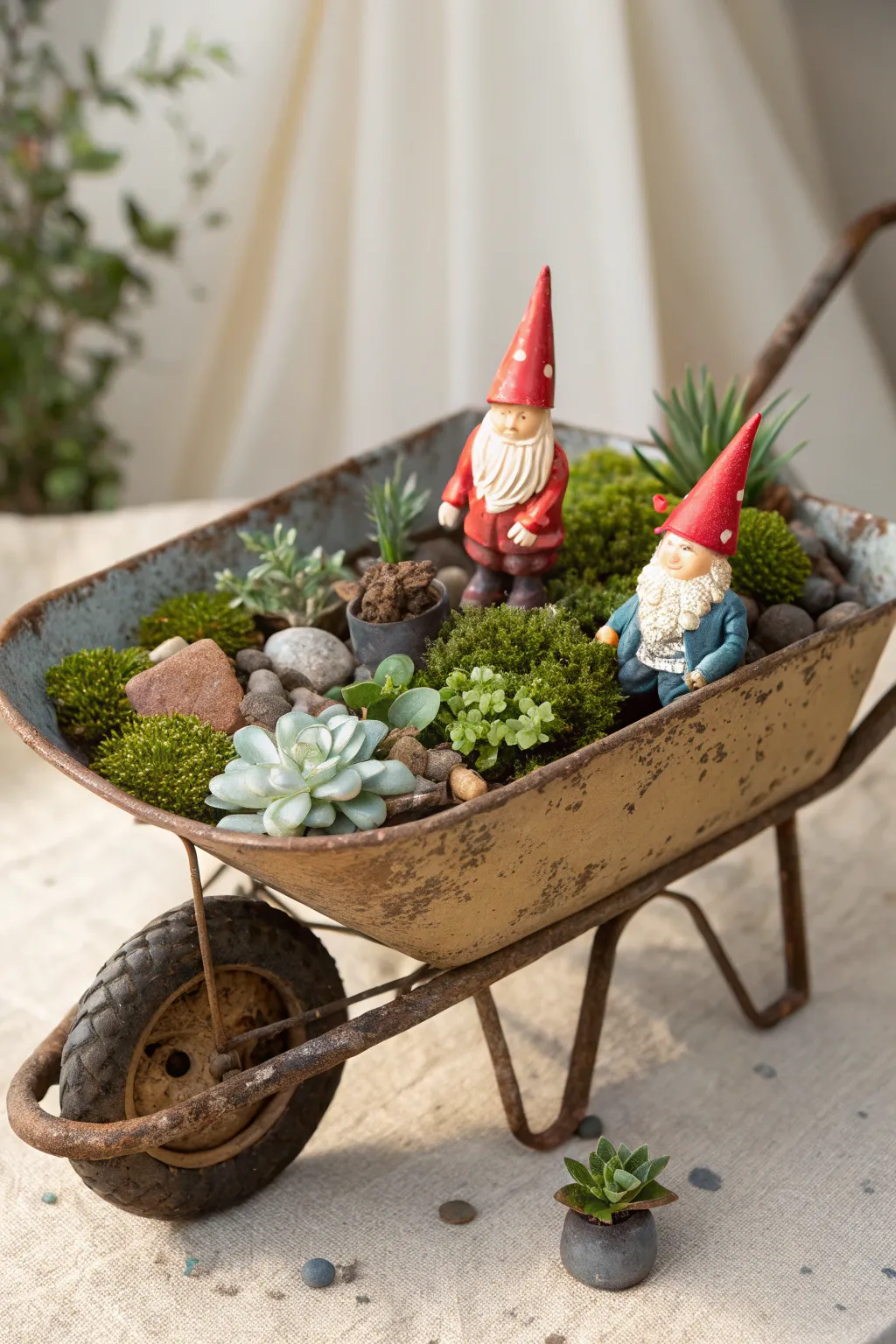 Rustic Elegance: Transform an old wheelbarrow into a charming gnome garden centerpiece. 🌿✨