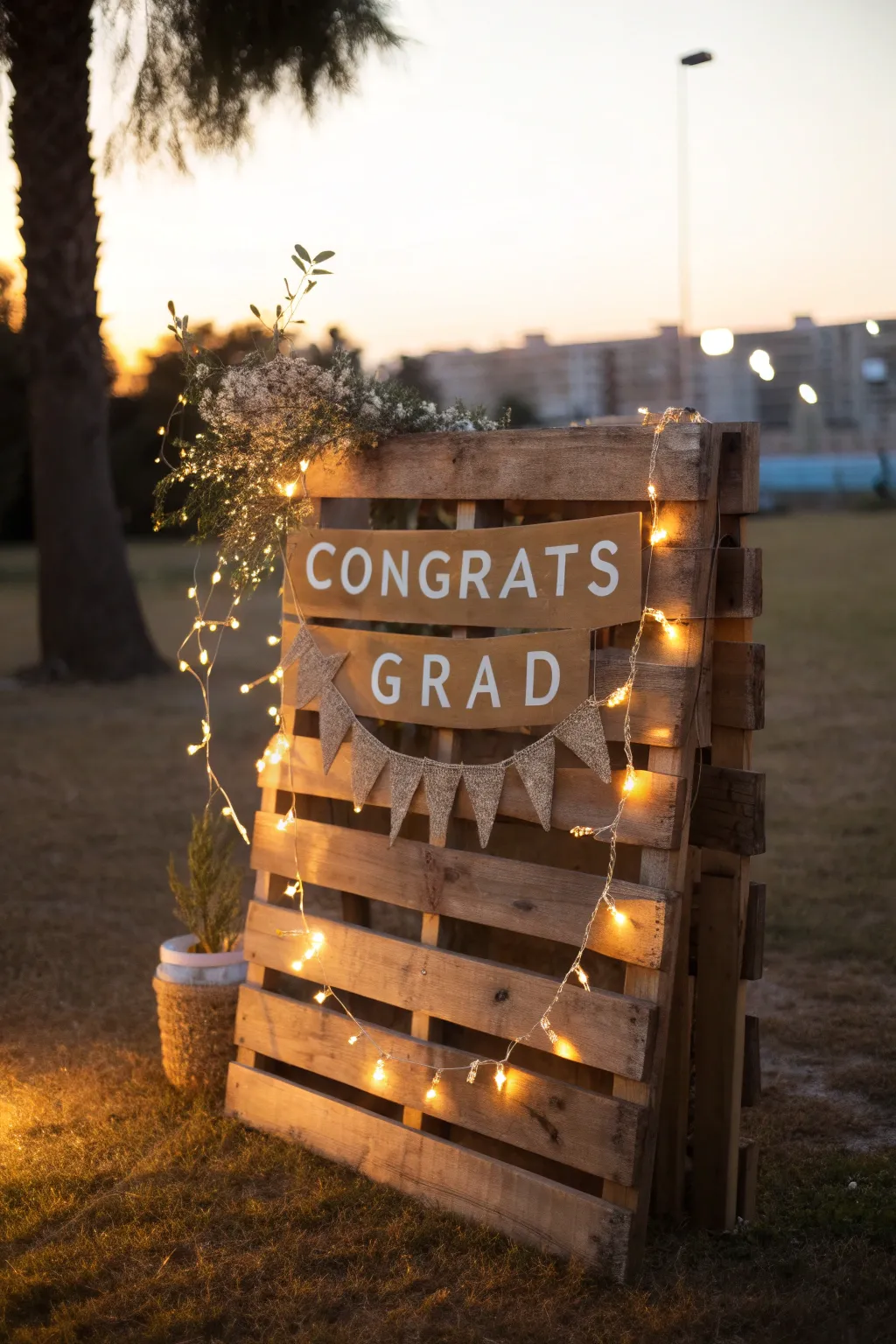 Celebrate in style with a charming rustic pallet backdrop perfect for your graduation bash!