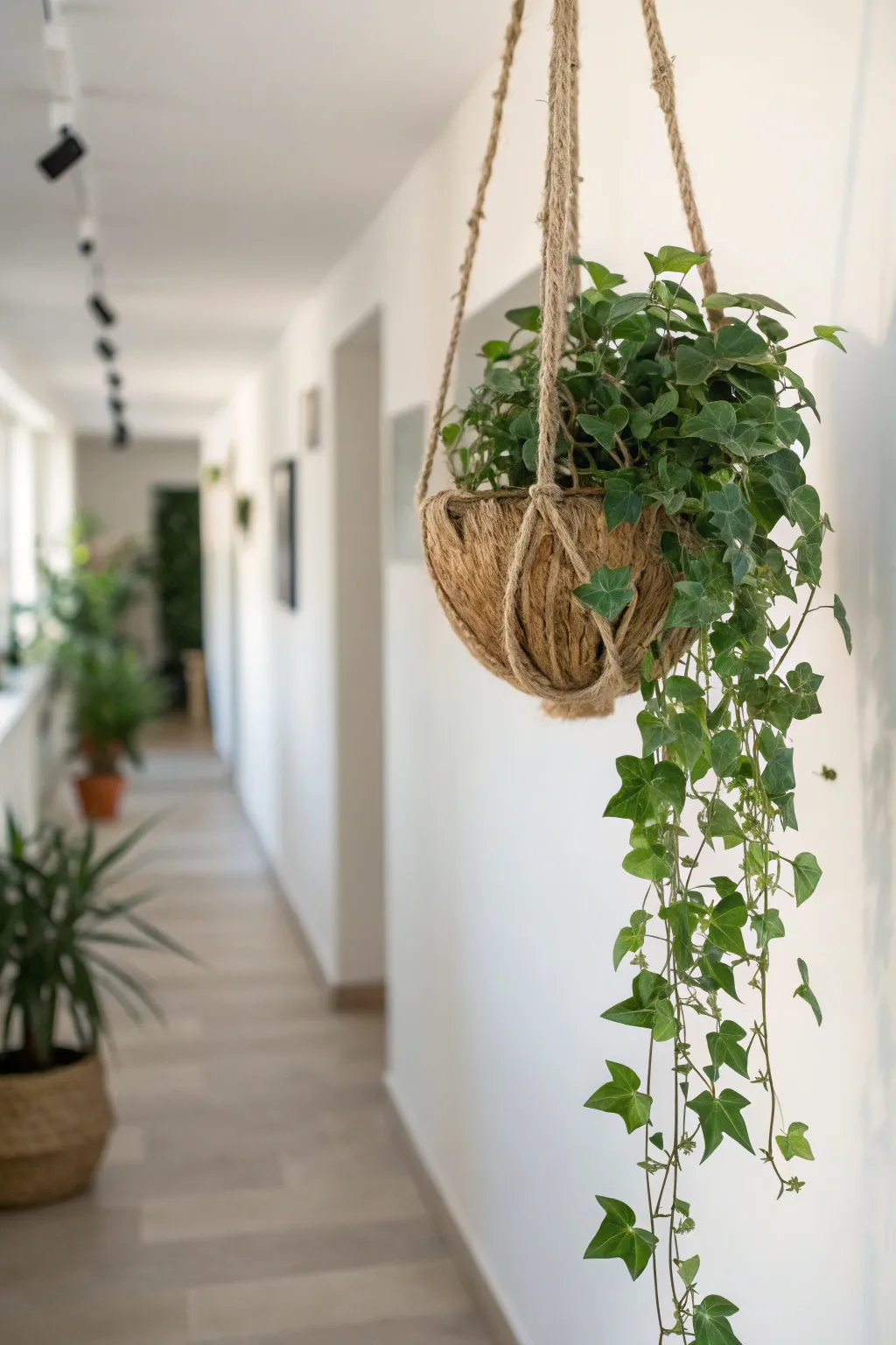 Transform your hallway into a serene oasis with a touch of greenery and minimalist charm.
