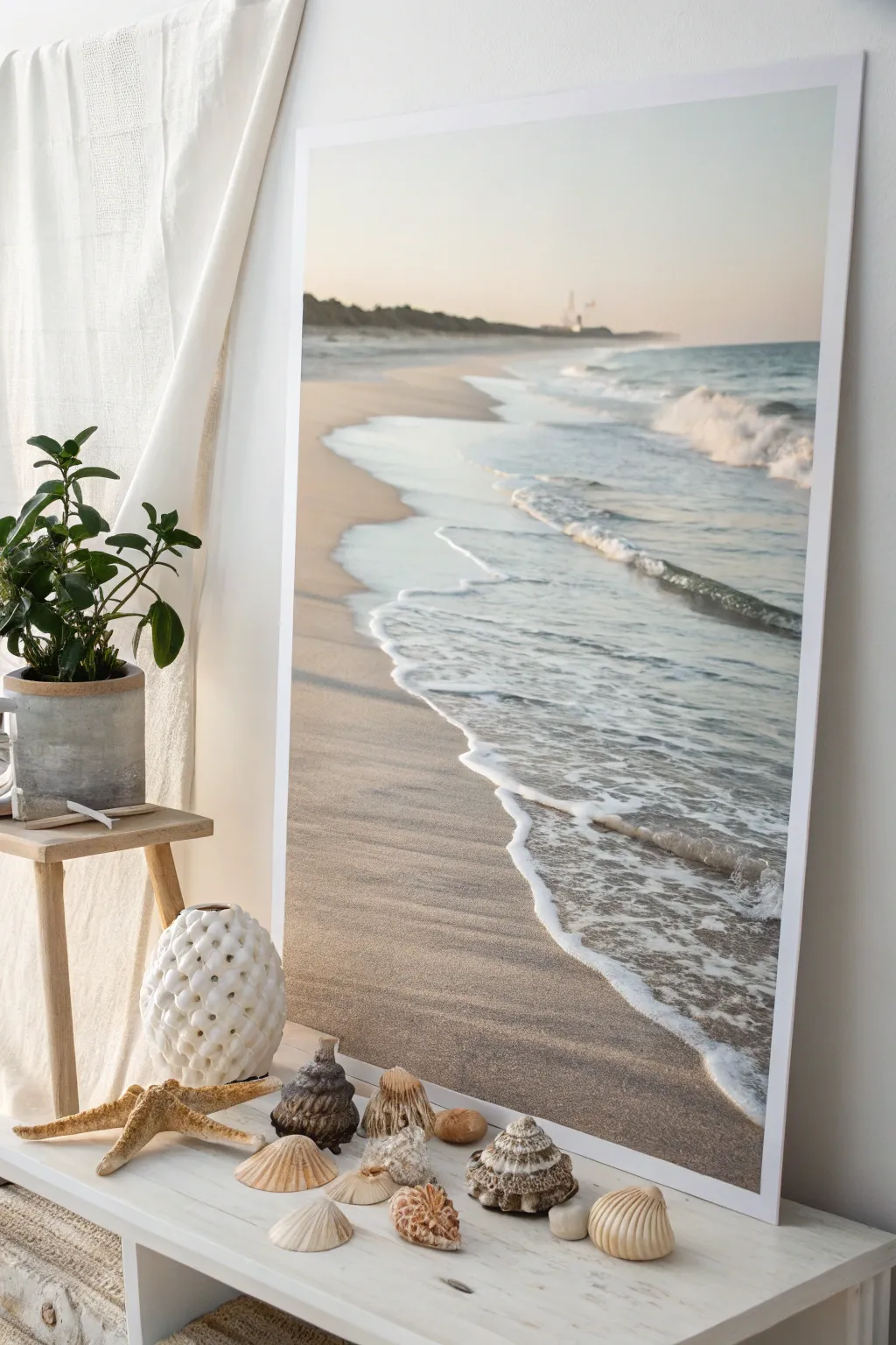 Transform any space into a tropical paradise with this serene beach scene backdrop, perfect for adding a touch of coastal elegance and natural beauty.