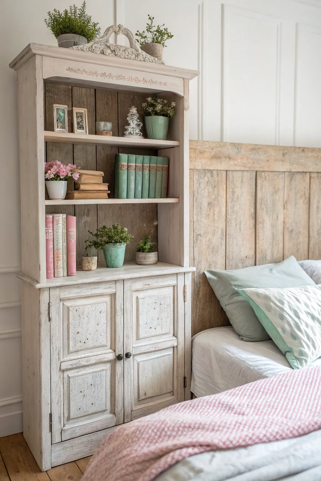 Transform your bedroom with a shabby chic headboard, blending Scandinavian minimalism with boho charm. 🌿📚