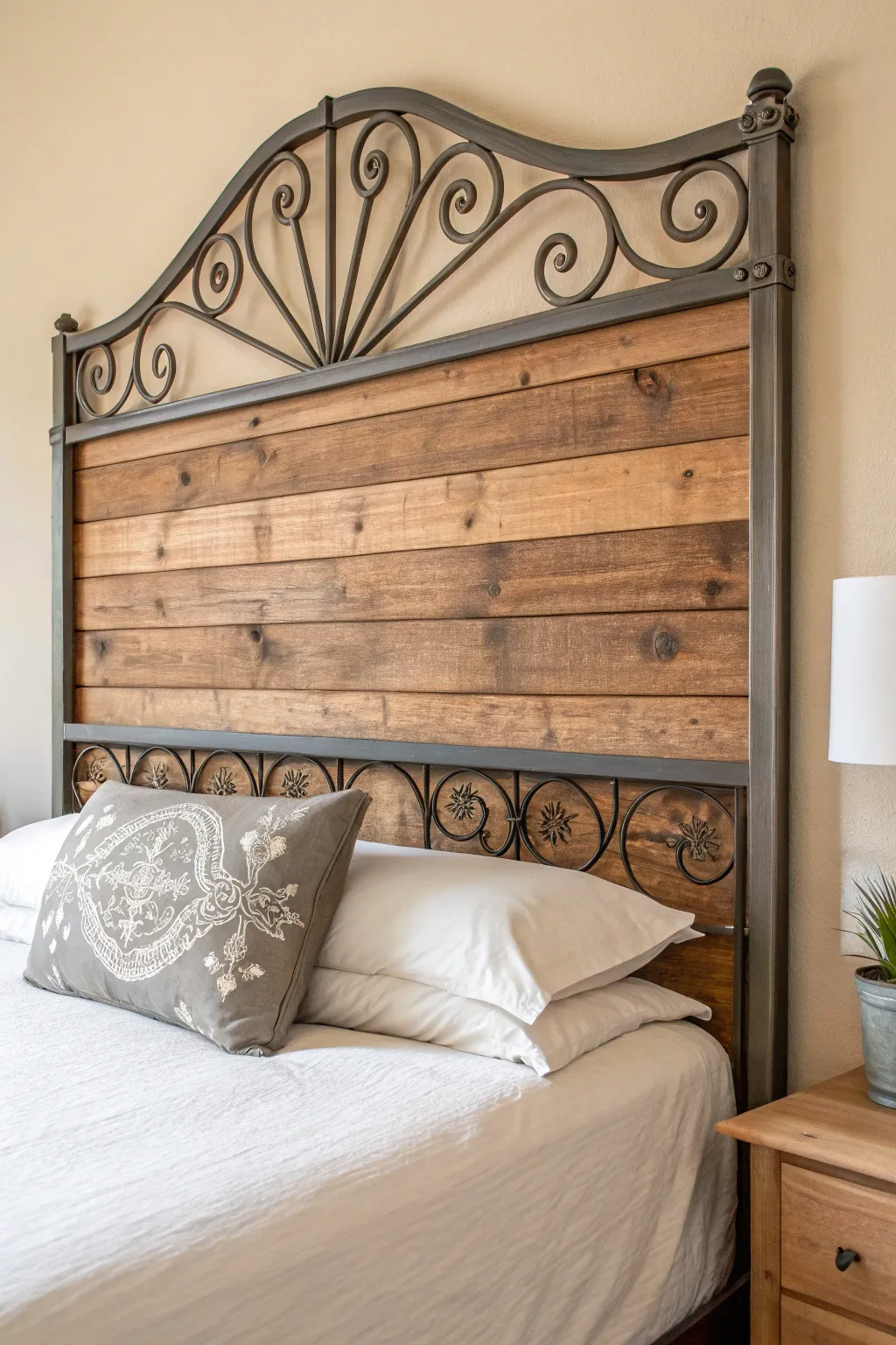 Discover the art of eclectic design with this DIY headboard that brings together the rich textures of wood and metal for a stunning minimalist look.