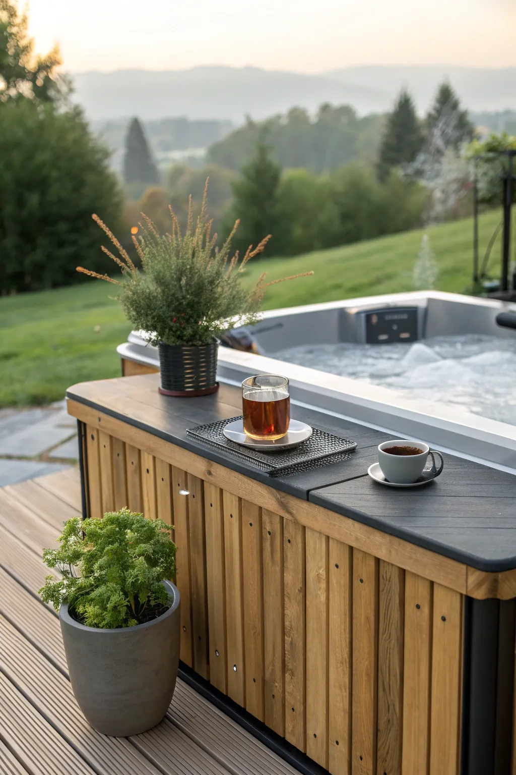Elevate your outdoor relaxation with a DIY hot tub table crafted from weather-resistant materials, merging minimalist style with bohemian charm.