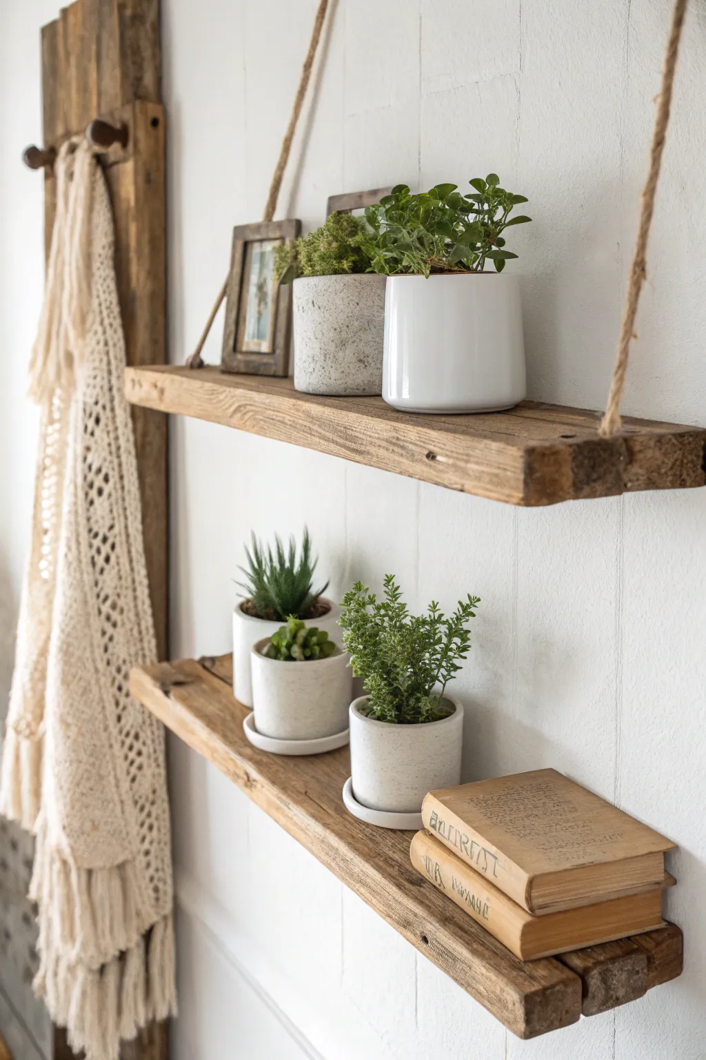Elegantly simple: Embrace the charm of rustic wood shelves for a cozy, minimalist touch.