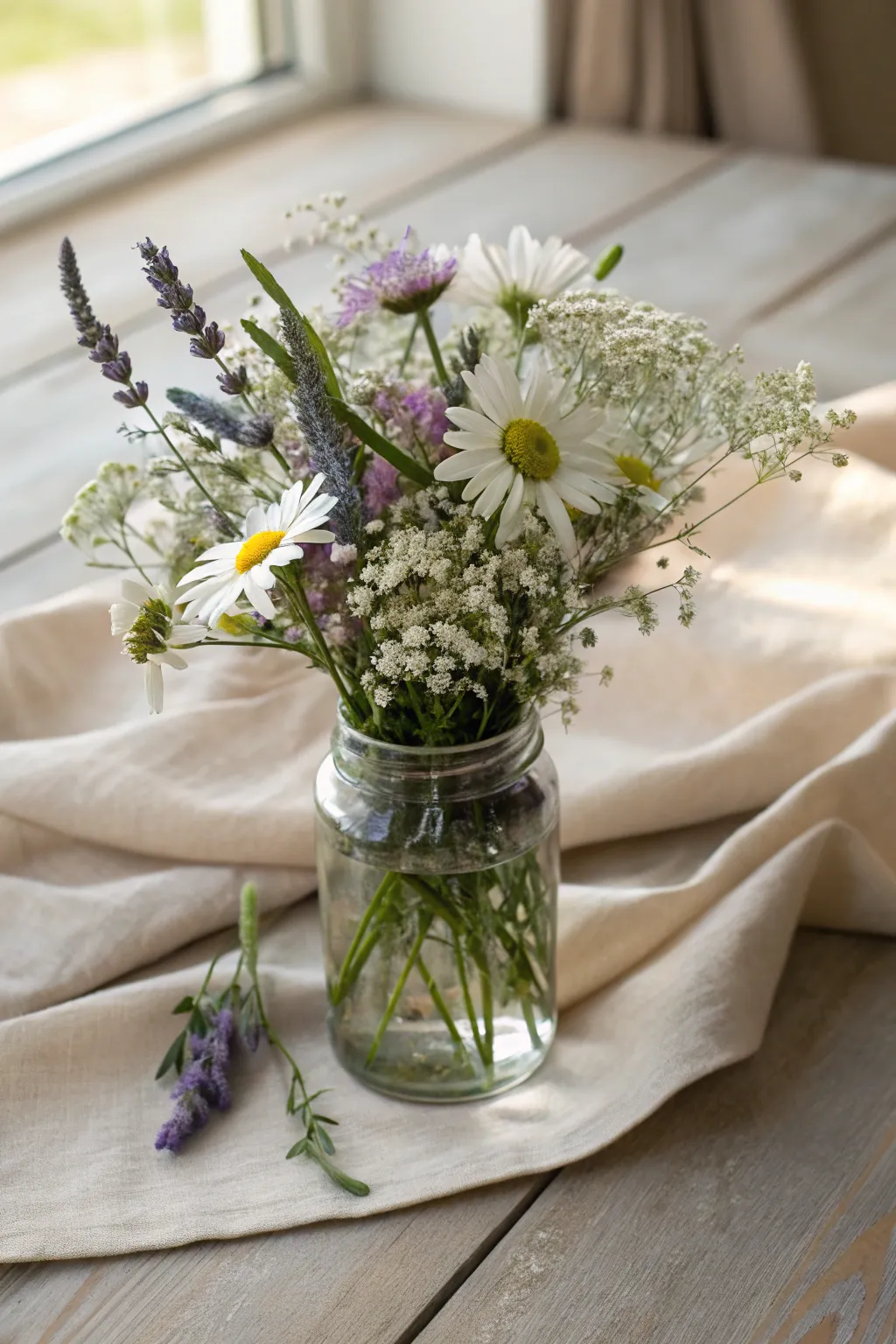 Embrace the beauty of nature with a simple jar of wildflowers, perfect for your indoor picnic.