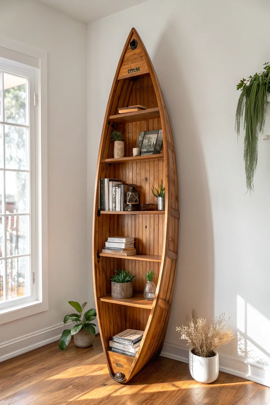 Elevate your lake house decor with a unique canoe bookshelf that combines rustic charm and minimalist elegance.