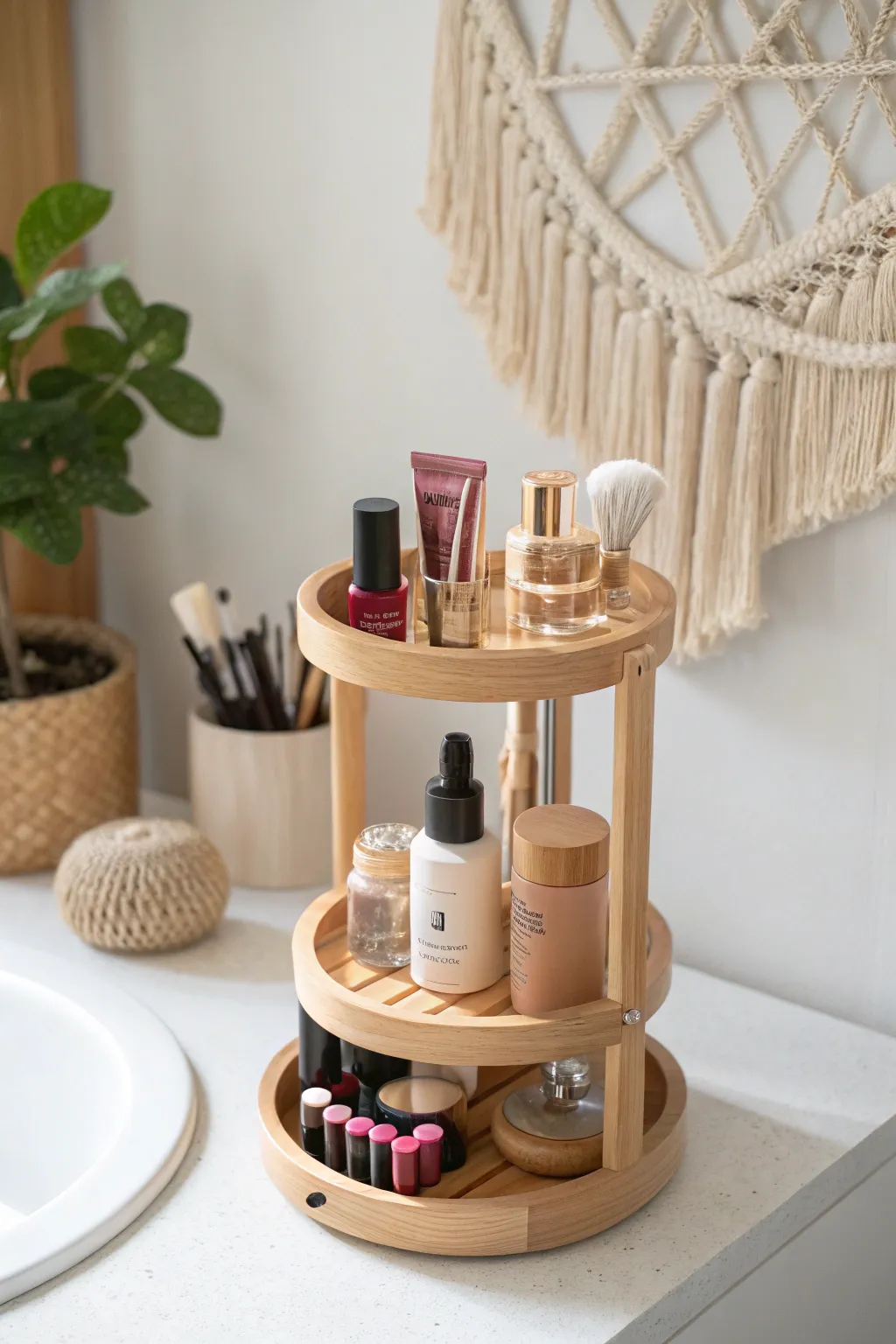 Elevate your beauty routine with this elegant and functional rotating organizer.