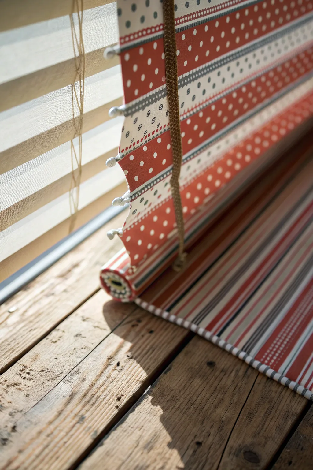Elevate your space with the artful fusion of stripe and dot patterns on DIY mini blinds.