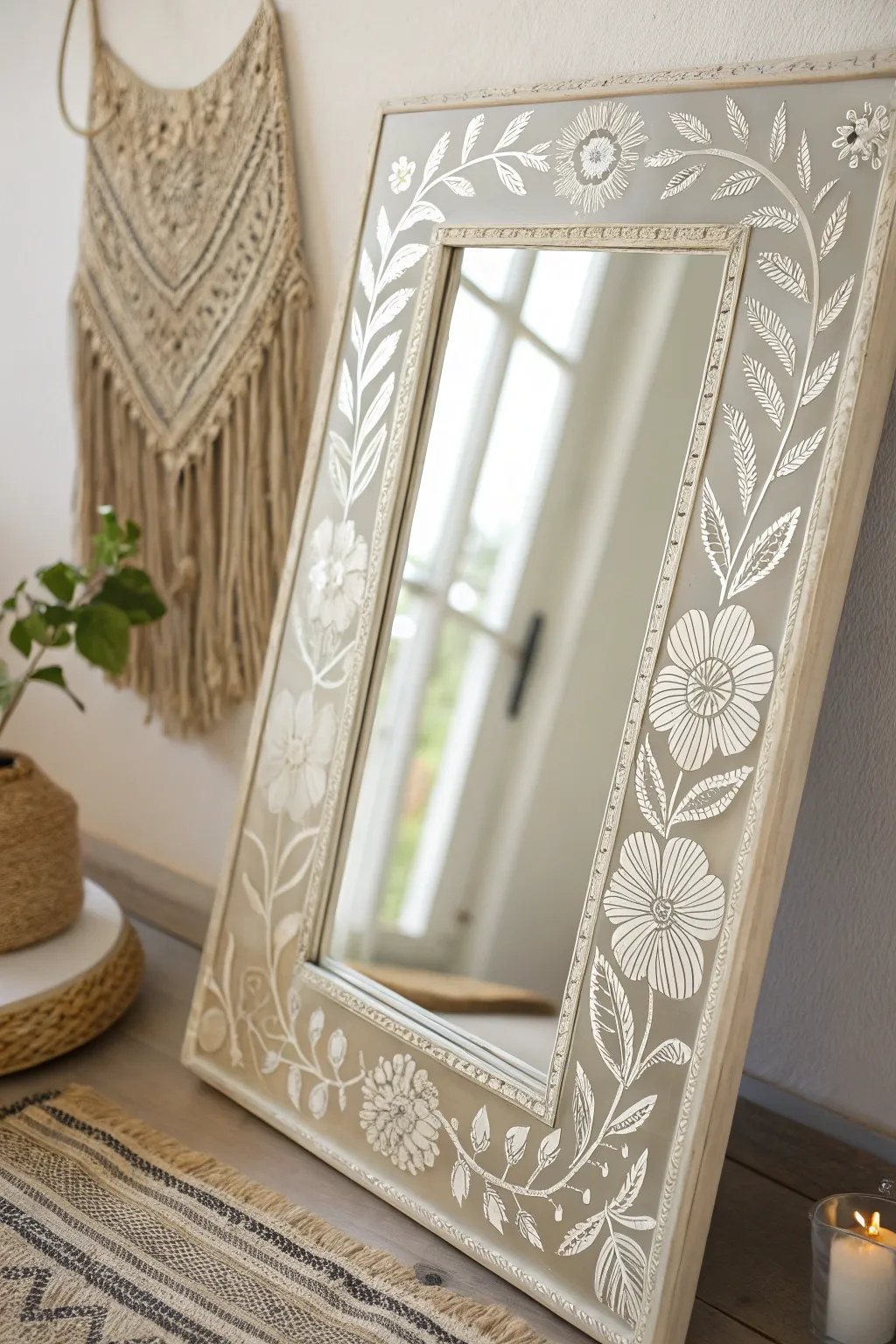 Elevate your space with the timeless elegance of etched designs on mirrors, blending Scandinavian simplicity with Boho charm.