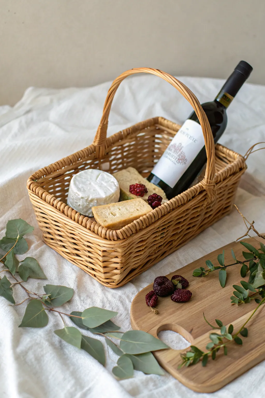 Elevate Mother's Day with a touch of elegance: a wine and cheese basket that's both simple and sophisticated.