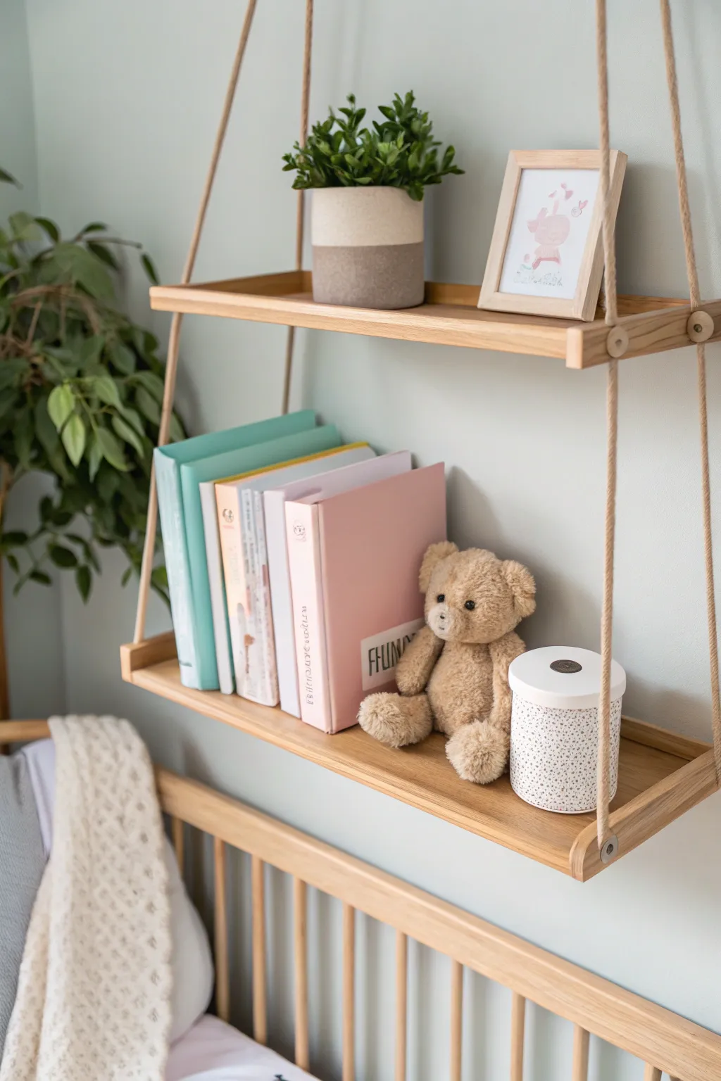 Transform your nursery with charming floating shelves—where minimalism meets warmth!
