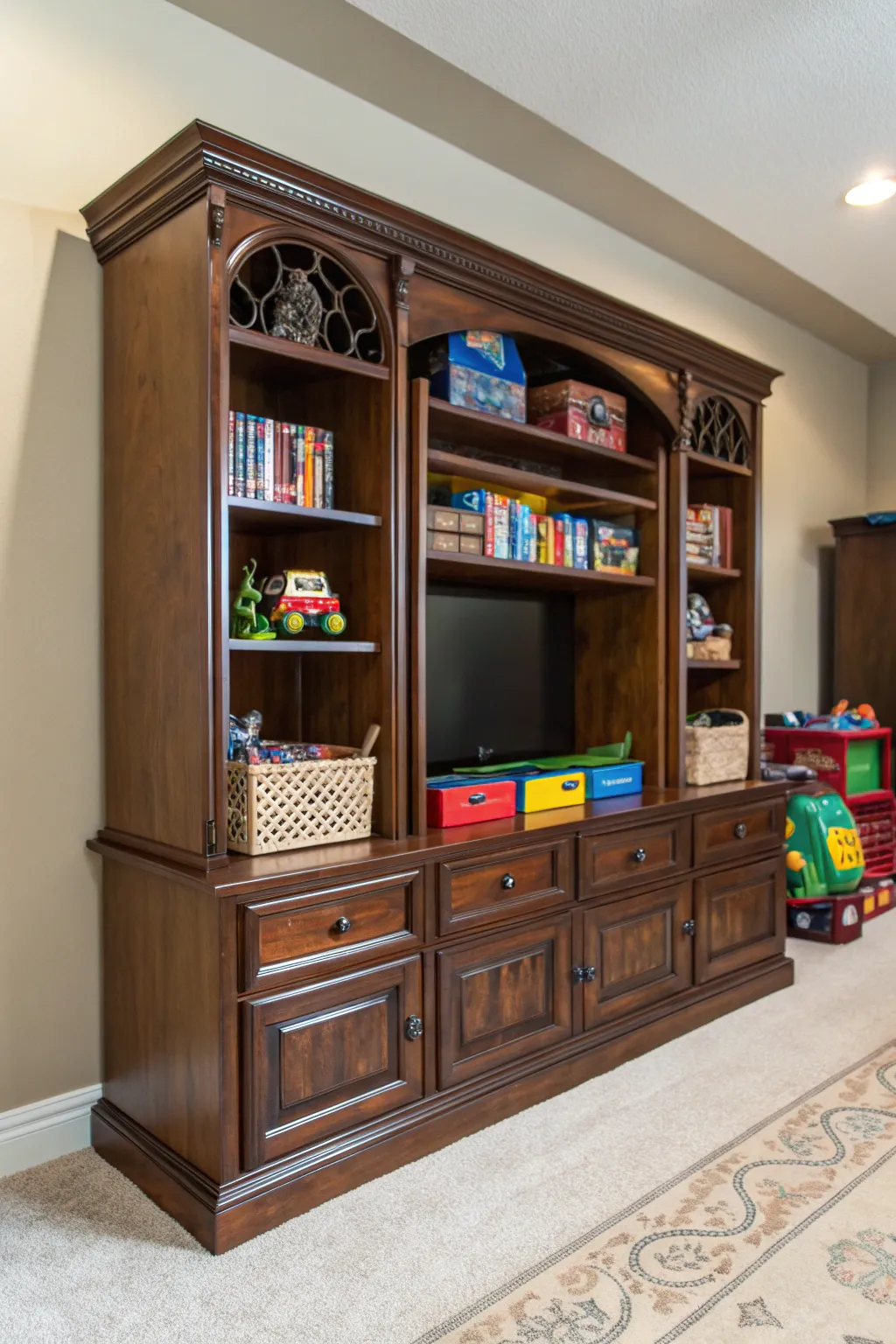 Transform vintage into vibrant: A stylish toy storage solution for the modern playroom.
