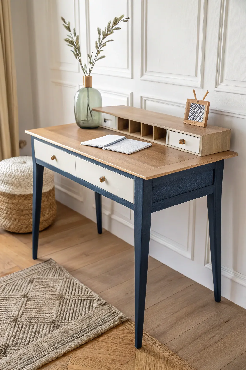 Elevate your workspace with two-tone elegance: a stunning blend of navy and white.