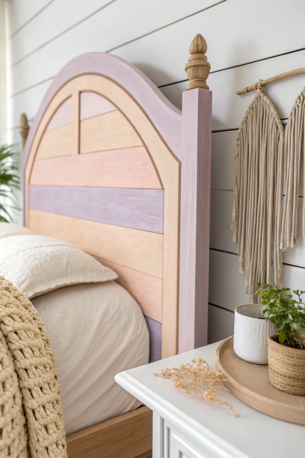 Transform your bedroom into a romantic retreat with a soothing pastel-painted headboard.