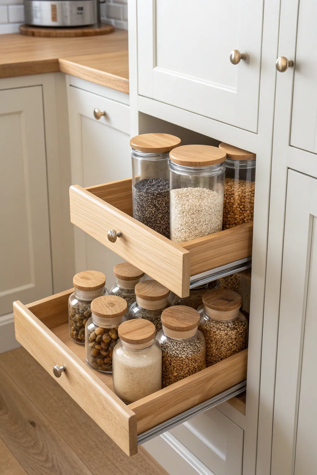 Elevate your pantry with pull-out shelves for effortless access and timeless style. #ScandiBoho