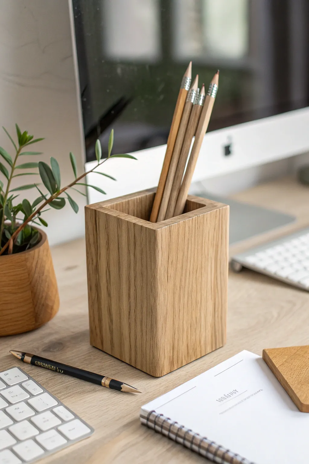 Elevate your workspace with this chic wooden pencil holder, where Scandinavian simplicity meets modern elegance.