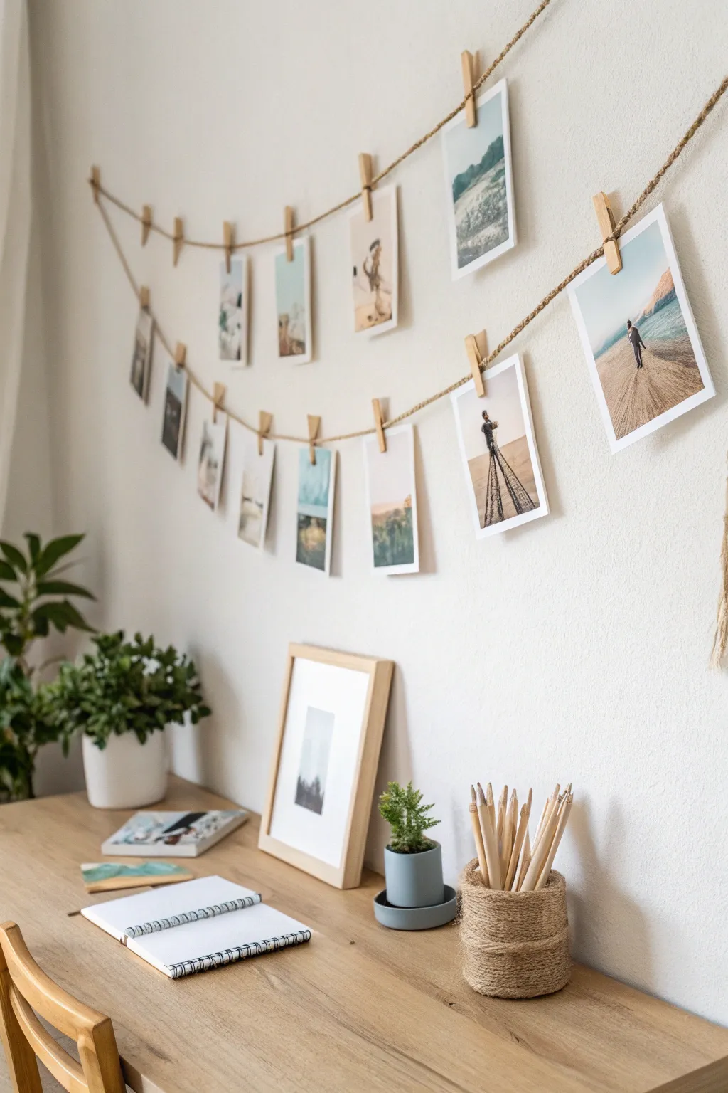 Create a serene workspace with this DIY hanging photo display, perfect for showcasing your favorite memories in style. 🌿📸 #ScandiBoho #PhotoDisplay